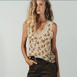Zara Cream Floral Lace-Trim V-Neck Tank